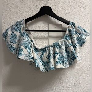 Tropical Leaf Print Off-Shoulder Ruffle Swim Bandeau L